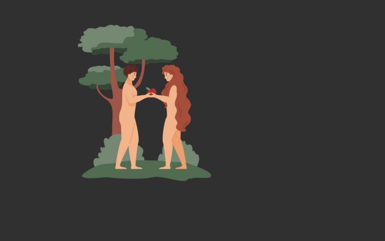 TheREDWords.website/BLOG page. A photorealistic image of Adam and Eve sharing an apple in the Garden of Eden.