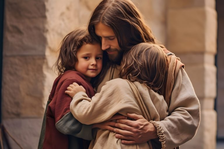 TheREDWords.website/BLOG page. A photorealistic color image of the Lord Jesus Christ hugging two children.