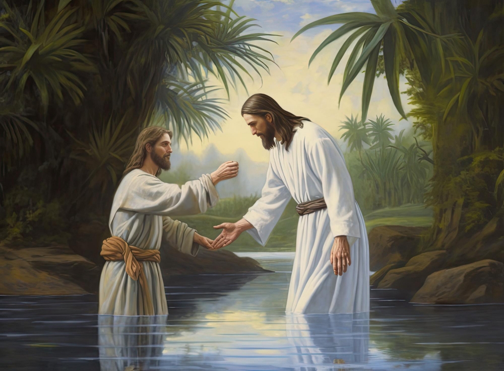 TheREDWords.website/BLOG page. A photorealistic image of John the Baptist baptizing Jesus.