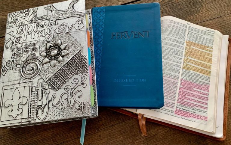 TheREDWords.website/BLOG page. A photo of an open Bible, a custom journal, and the Fervent workbook.