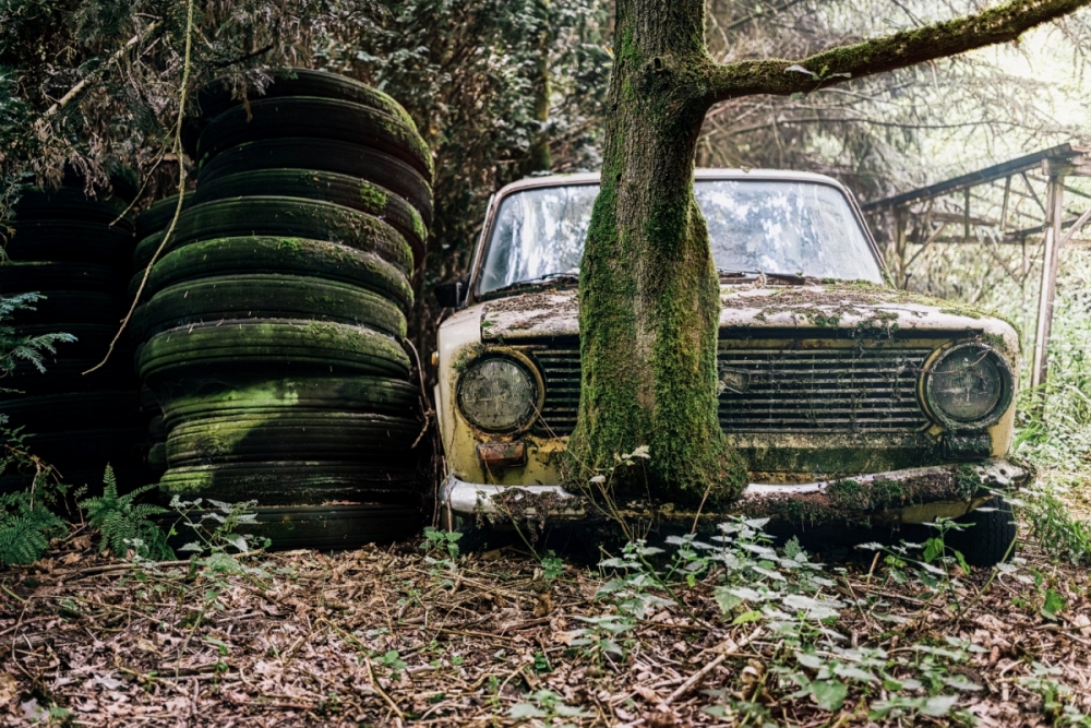 TheREDWords.website/BLOG page. A photo of an old junk car and a pile of moldy tires.