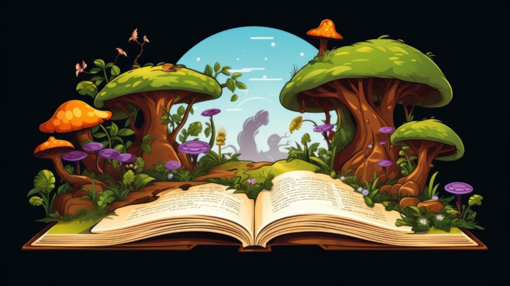 TheREDWords.website/BLOG page. A graphic color illustration of a book of fairy tales.