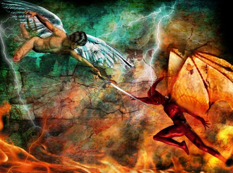 TheREDWords.website/BLOG page. A photorealistic color image of a good angel fighting an evil angel.