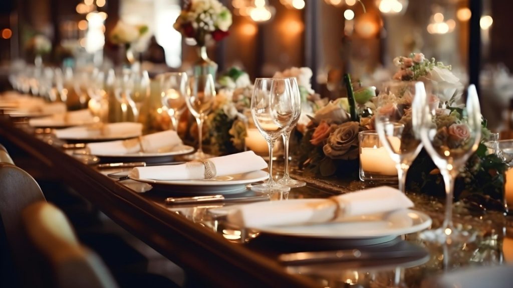 TheREDWords.website/BLOG page. A photo of a a beautifully set banquet table in all its finery.