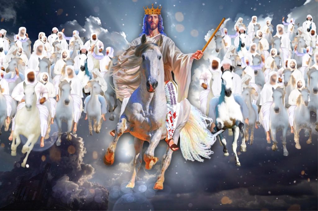 TheREDWords.website/BLOG page. A photorealistic color image of King Jesus riding His white horse and coming on the clouds followed by His saints.