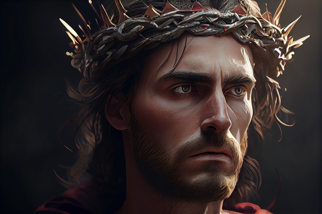 TheREDWords.website/BLOG page. A photorealistic image of the Lord Jesus Christ's head and face. He's wearing a crown of thorns.