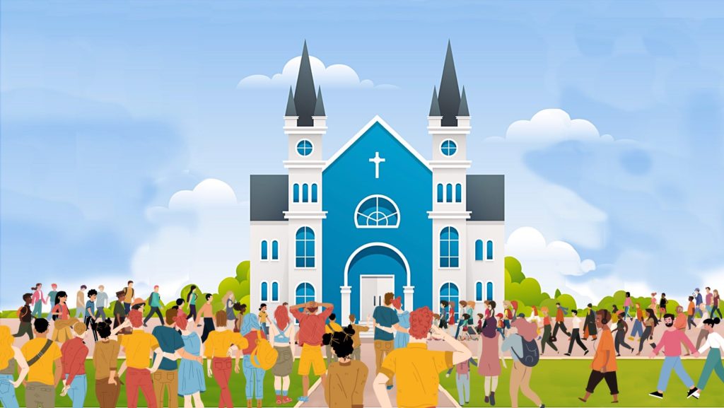 TheREDWords.website/BLOG page. A graphic illustration of people going into a big blue church.