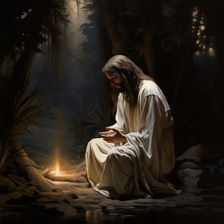 TheREDWords.website/BLOG page. A photorealistic illustration of the Lord Jesus Christ sitting beside a fire and praying.