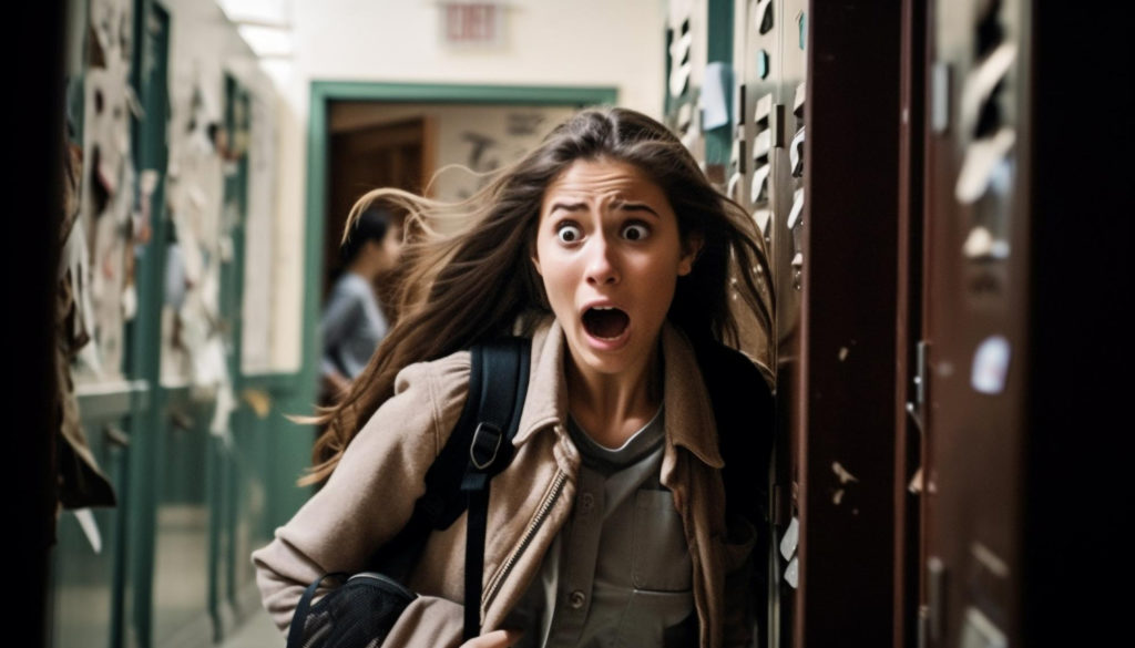 TheREDWords.website/BLOG page. A photo of a girl running through a city street in panic.