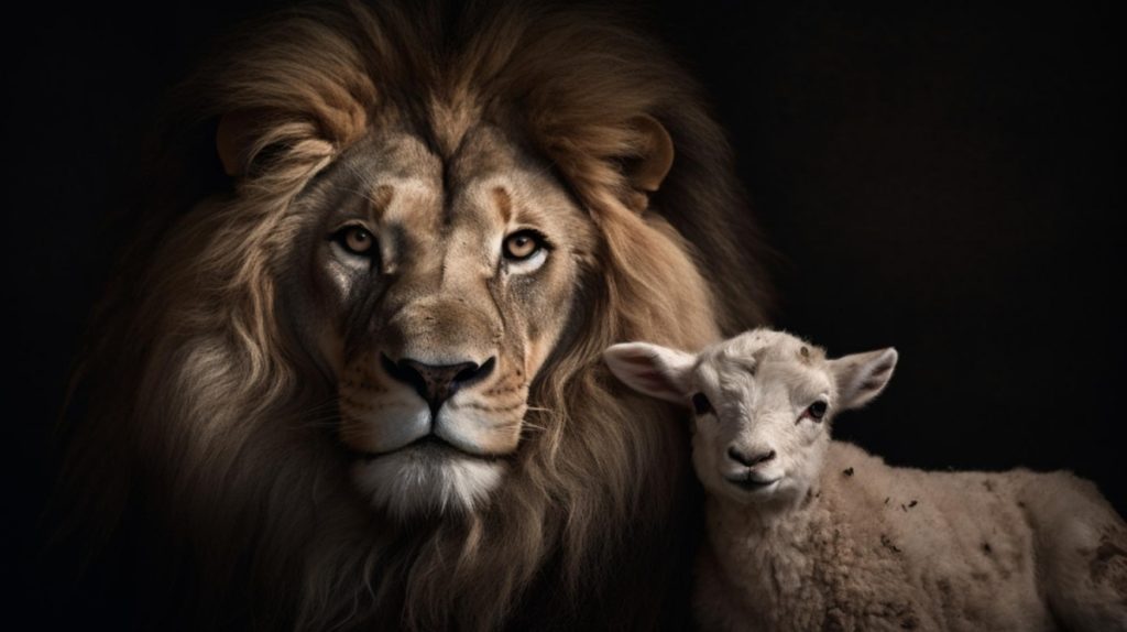 TheREDWords.website/BLOG page. A photorealistic color image of a lion and a lamb together.