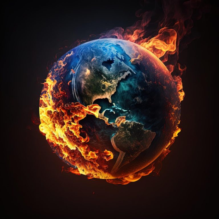 TheREDWords.website/BLOG page. A photorealistic image of earth burning in space.