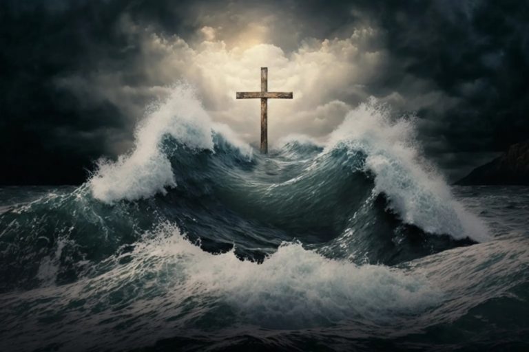 TheREDWords.website/Prayer Starter. An image of the raging sea with the Cross of the Lamb standing strong.